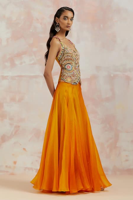 Buy_Aum By Asit And Ashima_Yellow Corset Silk And Skirt Organza Thread, Embroidered Sleeveless And Set _Online_at_Aza_Fashions
