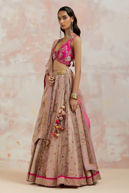 Aum By Asit And Ashima Fuchsia Blouse , Lehenga Banarasi And Dupatta Net Mirror, Thread, Set Online at Aza Fashions Aum By Asit And Ashima_Fuchsia Blouse , Lehenga Banarasi And Dupatta Net Mirror, Thread, Set_Online_at_Aza_Fashions