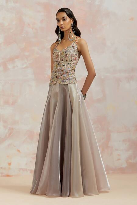Aum By Asit And Ashima_Grey Corset Silk And Skirt Organza Thread, Cutdana & Beads Embroidered And Set_Online_at_Aza_Fashions