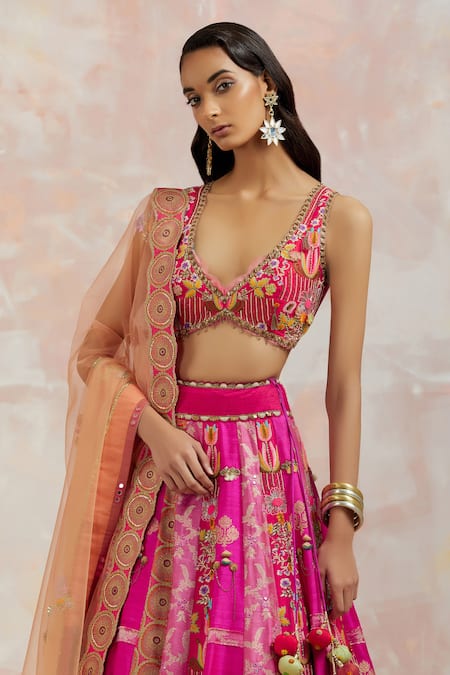 Shop_Aum By Asit And Ashima_Fuchsia Blouse And Lehenga Silk & Dupatta Organza Mirror, Sequin & Beads, Set _Online_at_Aza_Fashions