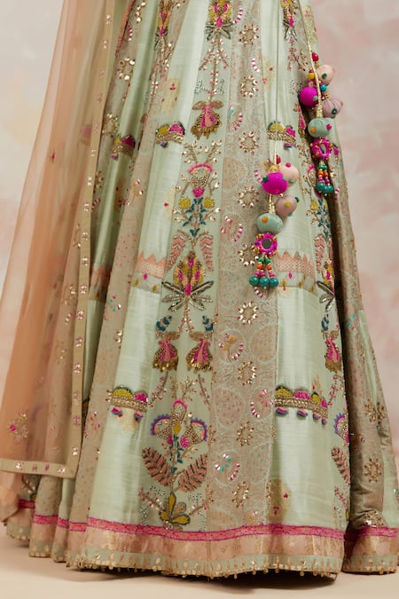 Shop_Aum By Asit And Ashima_Blue Blouse And Lehenga Silk & Dupatta Net Cutdana, Sequin & Floral Pattern Set_Online_at_Aza_Fashions
