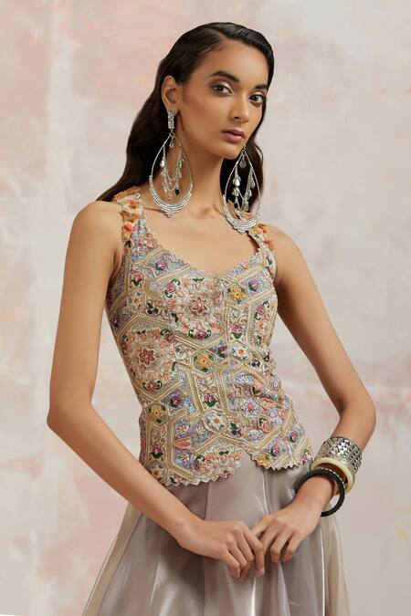 Shop_Aum By Asit And Ashima_Grey Corset Silk And Skirt Organza Thread, Cutdana & Beads Embroidered And Set_Online_at_Aza_Fashions