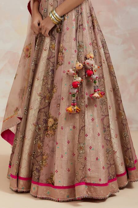 Shop Aum By Asit And Ashima Fuchsia Blouse , Lehenga Banarasi And Dupatta Net Mirror, Thread, Set Online at Aza Fashions Shop_Aum By Asit And Ashima_Fuchsia Blouse , Lehenga Banarasi And Dupatta Net Mirror, Thread, Set_Online_at_Aza_Fashions