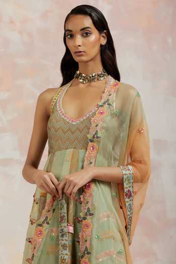 Shop_Aum By Asit And Ashima_Green Anarkali Silk, Dupatta Organza Bird, Chevron Halter Embroidered With_Online_at_Aza_Fashions