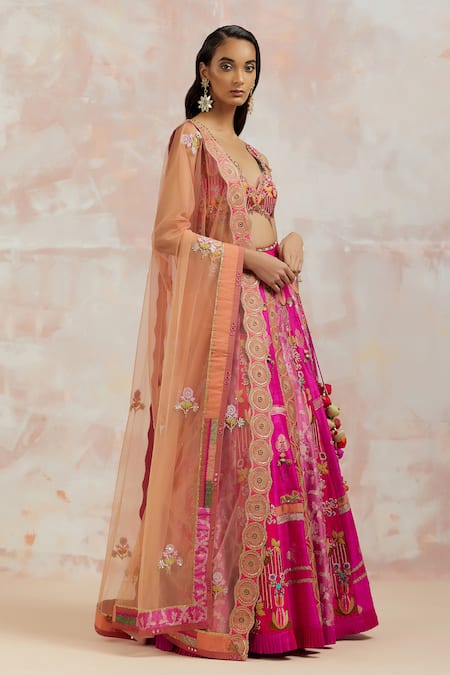 Buy_Aum By Asit And Ashima_Fuchsia Blouse And Lehenga Silk & Dupatta Organza Mirror, Sequin & Beads, Set _Online_at_Aza_Fashions