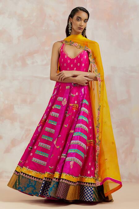 Buy_Aum By Asit And Ashima_Fuchsia Silk Floral Halter Neck Anarkali With Dupatta_Online_at_Aza_Fashions