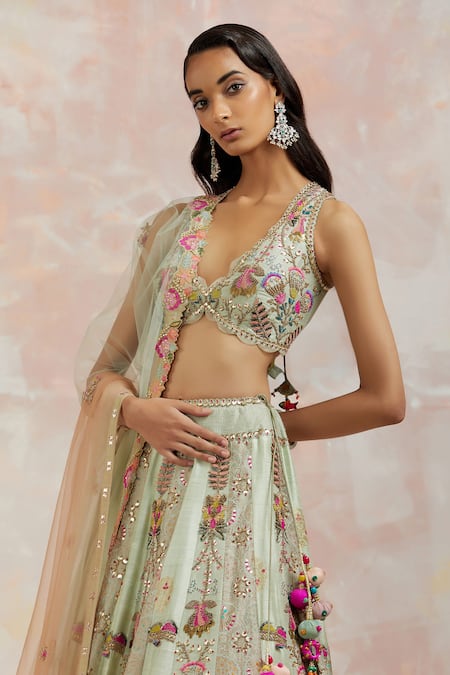 Buy_Aum By Asit And Ashima_Blue Blouse And Lehenga Silk & Dupatta Net Cutdana, Sequin & Floral Pattern Set_Online_at_Aza_Fashions