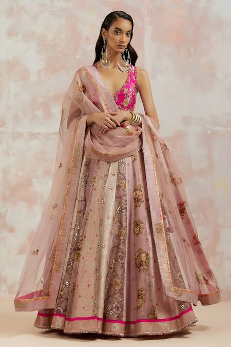 Buy Aum By Asit And Ashima Fuchsia Blouse , Lehenga Banarasi And Dupatta Net Mirror, Thread, Set Buy_Aum By Asit And Ashima_Fuchsia Blouse , Lehenga Banarasi And Dupatta Net Mirror, Thread, Set