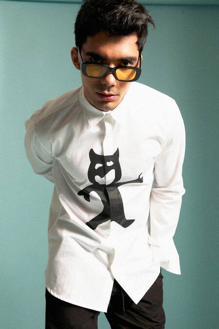 Sahil Aneja_White Cotton Screen Print Happy Devil Shirt_Online_at_Aza_Fashions