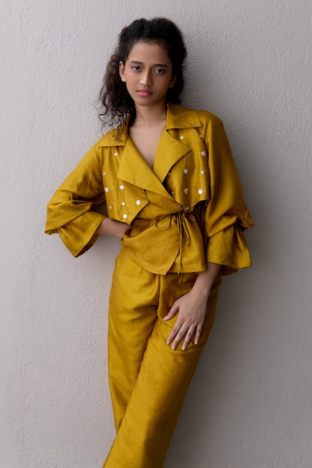 Buy Kavya Singh Kundu Yellow Silk Beads Collared Raa Mulberry Jacket Top With Pant Online at Aza Fashions Buy_Kavya Singh Kundu_Yellow Silk Beads Collared Raa Mulberry Jacket Top With Pant _Online_at_Aza_Fashions