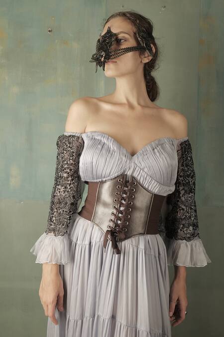 Nidhi Yasha_Grey Viscose Sweetheart Neck Off Shoulder Maxi Gown _Online_at_Aza_Fashions