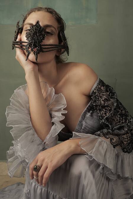 Shop_Nidhi Yasha_Grey Viscose Sweetheart Neck Off Shoulder Maxi Gown _Online_at_Aza_Fashions