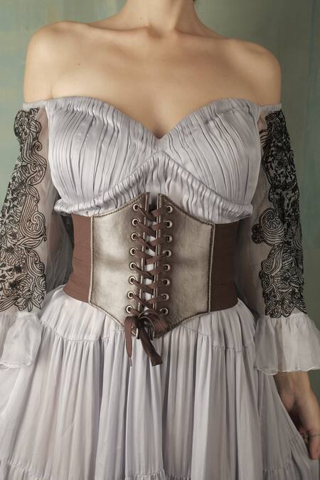 Nidhi Yasha_Grey Viscose Sweetheart Neck Off Shoulder Maxi Gown _at_Aza_Fashions