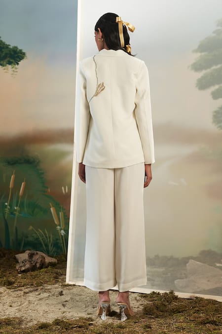 Shop_Febo6_Off White 100% Polyester Floral, Sequin Notched Embellished Jacket And Pant Set _at_Aza_Fashions