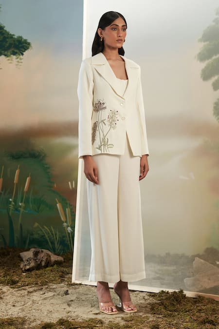 Febo6_Off White 100% Polyester Floral, Sequin Notched Embellished Jacket And Pant Set _Online_at_Aza_Fashions