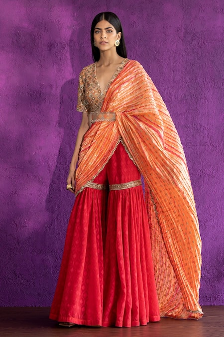 Coral Heavy Embroidered Wedding Saree