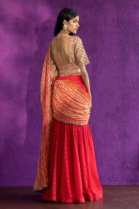 Shop Qbik Coral Banarasi Silk And Dobby Georgette, Pre-stitched Gharara Saree With Blouse at Aza Fashions Shop_Qbik_Coral Banarasi Silk And Dobby Georgette, Pre-stitched Gharara Saree With Blouse_at_Aza_Fashions