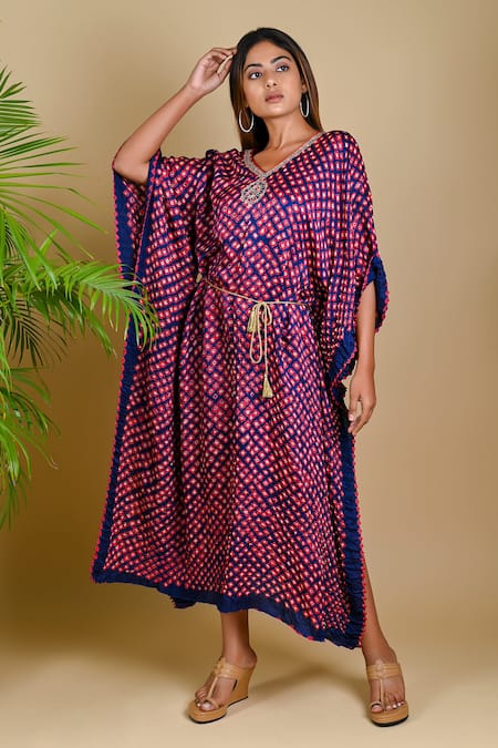 Dyelogue Blue Gajji Silk Bandhani Kaftan With Belt 