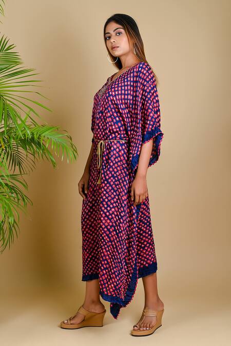 Dyelogue_Blue Gajji Silk Bandhani Kaftan With Belt _Online_at_Aza_Fashions