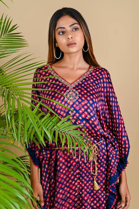 Buy_Dyelogue_Blue Gajji Silk Bandhani Kaftan With Belt _Online_at_Aza_Fashions