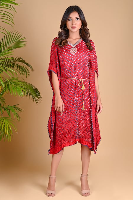Buy_Dyelogue_Red Gajji Silk Bandhani Kaftan With Belt _Online_at_Aza_Fashions