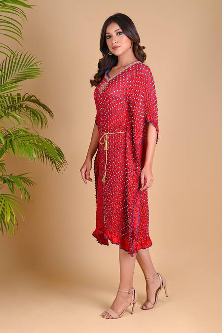 Dyelogue_Red Gajji Silk Bandhani Kaftan With Belt _Online_at_Aza_Fashions