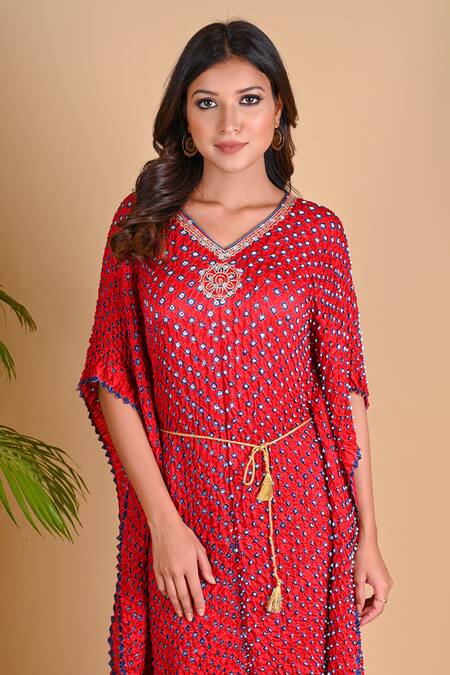 Shop_Dyelogue_Red Gajji Silk Bandhani Kaftan With Belt _Online_at_Aza_Fashions