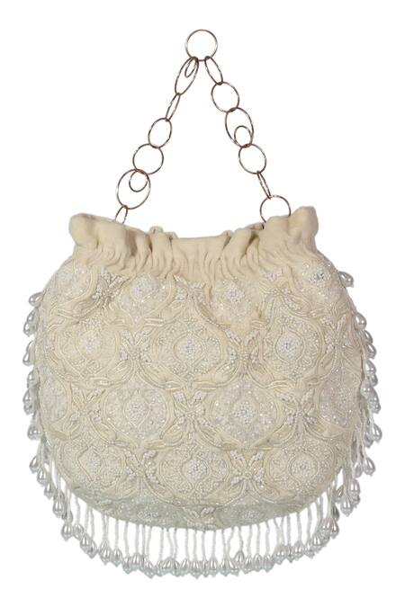Shop_The Leather Garden_White Embellished Potli Bag _at_Aza_Fashions