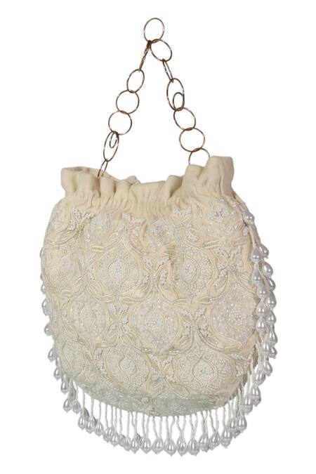 The Leather Garden_White Embellished Potli Bag _Online_at_Aza_Fashions