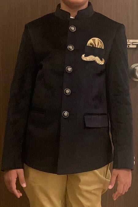 Kids Lane_Black Velvet, Cotton Embroidery Motif Bandhgala Set_Online_at_Aza_Fashions