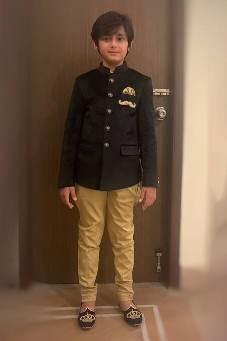 Buy_Kids Lane_Black Velvet, Cotton Embroidery Motif Bandhgala Set_Online_at_Aza_Fashions