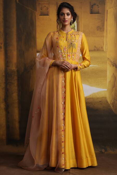 Anju Modi Yellow Silk Chanderi Anarkali With Dupatta