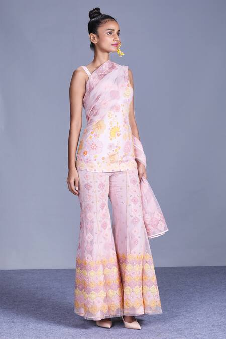 Mishru_Pink Chanderi V Neck Kurta Sharara Set _Online_at_Aza_Fashions