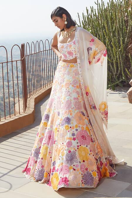 Shop_Mishru_White Organza Scoop Neck Embroidered Bridal Lehenga Set_at_Aza_Fashions