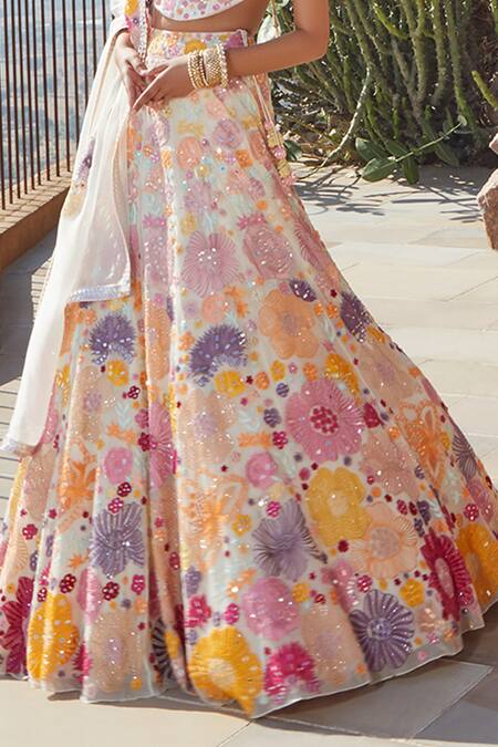 Shop_Mishru_White Organza Scoop Neck Embroidered Bridal Lehenga Set_Online_at_Aza_Fashions