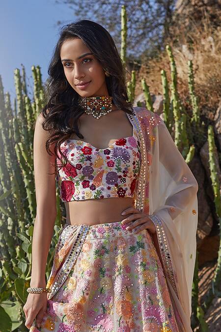Mishru Multi Color Organza Sweetheart Neck Embroidered Bridal Lehenga Set Online at Aza Fashions Mishru_Multi Color Organza Sweetheart Neck Embroidered Bridal Lehenga Set _Online_at_Aza_Fashions