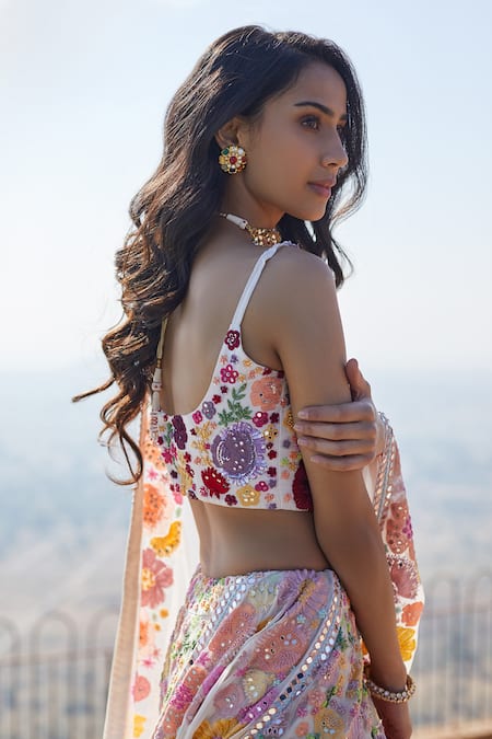 Shop Mishru Multi Color Organza Sweetheart Neck Embroidered Bridal Lehenga Set at Aza Fashions Shop_Mishru_Multi Color Organza Sweetheart Neck Embroidered Bridal Lehenga Set _at_Aza_Fashions