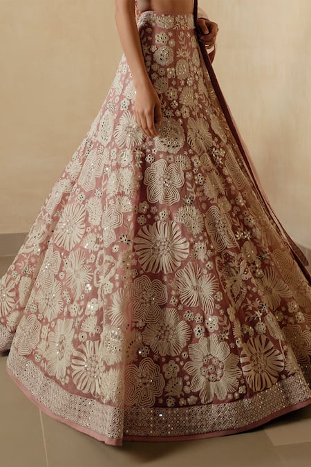 Buy_Mishru_Pink Organza V Neck Embroidered Bridal Lehenga Set  _Online_at_Aza_Fashions