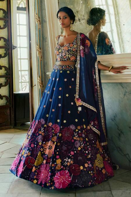 Mishru_Blue Organza Embroidery Sweetheart Neck Bridal Lehenga Set _Online_at_Aza_Fashions