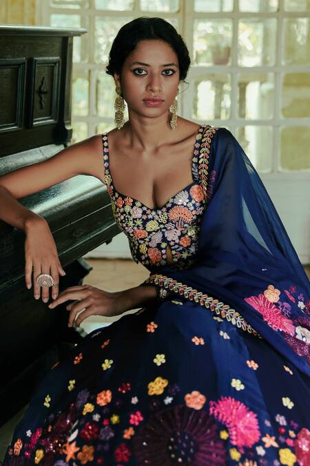 Shop_Mishru_Blue Organza Embroidery Sweetheart Neck Bridal Lehenga Set _Online_at_Aza_Fashions
