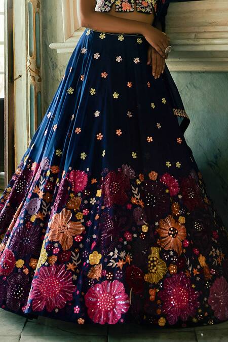 Mishru_Blue Organza Embroidery Sweetheart Neck Bridal Lehenga Set _at_Aza_Fashions