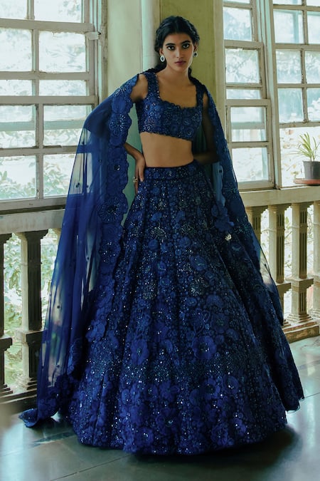 Mishru Blue Organza Embroidery Square Neck Bridal Lehenga Set  