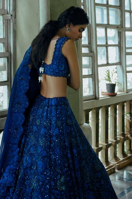 Shop Mishru Blue Organza Embroidery Square Neck Bridal Lehenga Set at Aza Fashions Shop_Mishru_Blue Organza Embroidery Square Neck Bridal Lehenga Set _at_Aza_Fashions