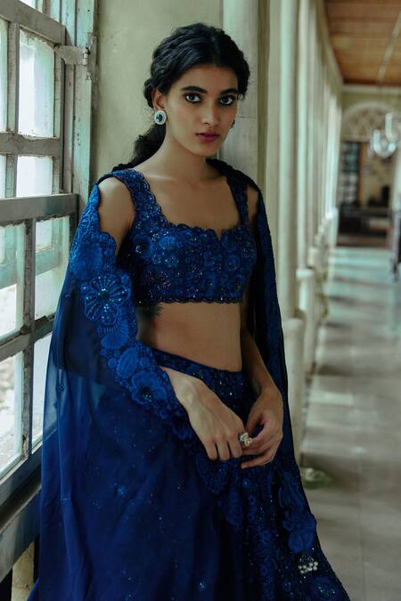 Buy Mishru Blue Organza Embroidery Square Neck Bridal Lehenga Set Online at Aza Fashions Buy_Mishru_Blue Organza Embroidery Square Neck Bridal Lehenga Set _Online_at_Aza_Fashions