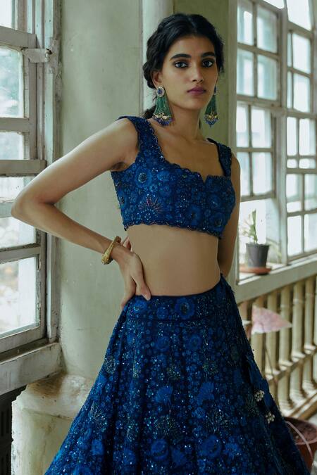 Shop Mishru Blue Organza Embroidery Square Neck Bridal Lehenga Set Online at Aza Fashions Shop_Mishru_Blue Organza Embroidery Square Neck Bridal Lehenga Set _Online_at_Aza_Fashions