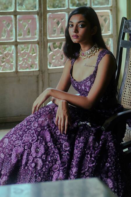 Mishru_Purple Organza Embroidery Scoop Neck Bridal Lehenga Set _Online_at_Aza_Fashions