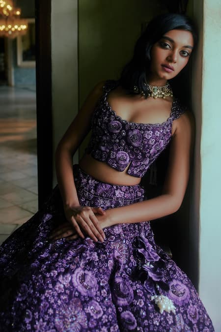 Shop_Mishru_Purple Organza Embroidery Scoop Neck Bridal Lehenga Set _Online_at_Aza_Fashions