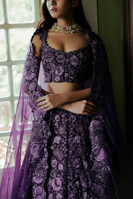 Mishru_Purple Organza Embroidery Scoop Neck Bridal Lehenga Set _at_Aza_Fashions