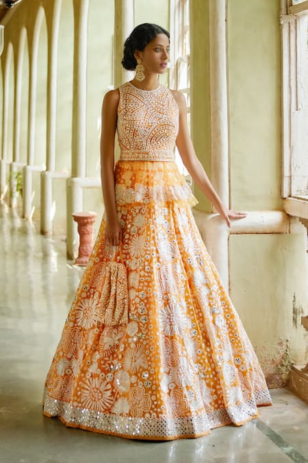 Buy Orange Tulle Embroidery Round Peplum Kurta And Bridal Lehenga Set For  Women by Mishru Online at Aza Fashions.