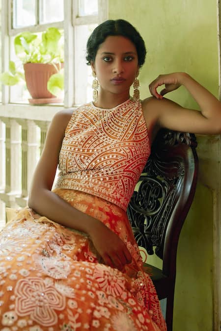 Mishru_Orange Tulle Round Embroidered Peplum Kurta And Bridal Lehenga Set_Online_at_Aza_Fashions